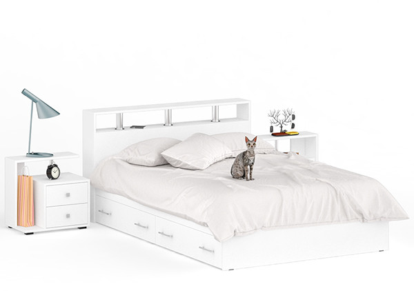 Камелия Кровать с ящиками 1400 + две тумбы, цвет белый, ШхГхВ 256х217х78,2 см., сп.м. 1400х2000 мм., без матраса, основание есть