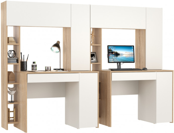 КР100 Стол компьютерный Комфорт 12.71 + Стол компьютерный Комфорт 12.71, цвет дуб сонома/белый, ШхГхВ 233,4х60,2х165,4 см., НЕ универсальная сборка
