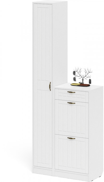 Прихожая П-6 Компоновка № 22, белая шагрень/фасады МДФ белое дерево фрезеровка прованс