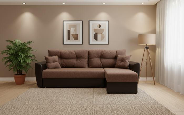 Диван-еврокнижка угловой Амстердам, 160х200, рогожка/экокожа коричневый