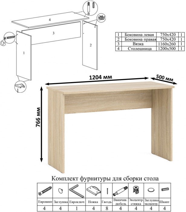 Мори Стол письменный МСП1200.1 + Комод МК1200.8, цвет дуб сонома, ШхГхВ 240,8х50х94 см., универсальная сборка