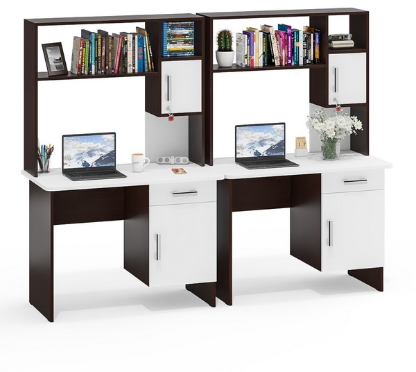 Два стола письменных с надстройкой С-МД-1-09Н, цвет венге/белый шагрень, ШхГхВ 210х57х162 см., НЕ универсальная сборка