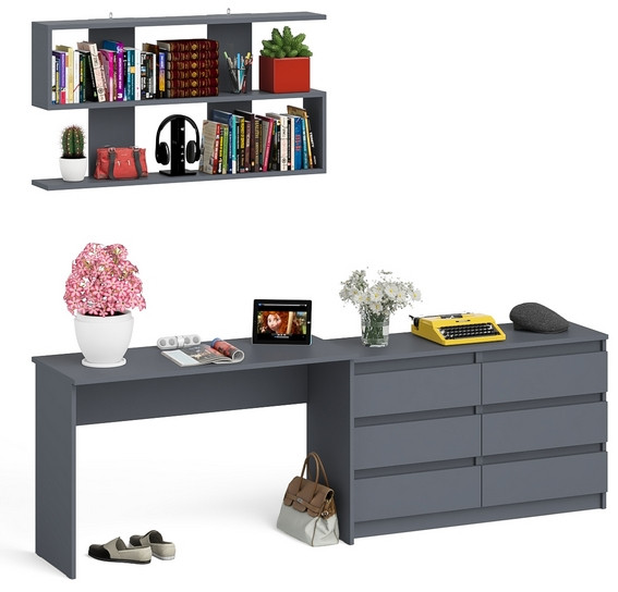 Мори Стол письменный МСП1200.1 + Комод МК1200.6 + Полка 1200, цвет графит, ШхГхВ 240,8х50х209,6 см., универсальная сборка