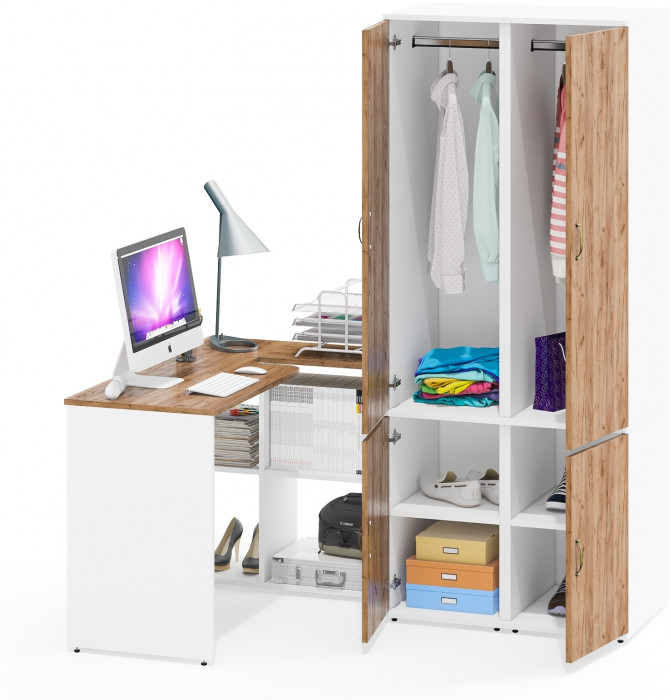 Лидер-8 Стол + Пенал МД 23Б + Пенал МД 23Б, белый шагрень/крафт золото