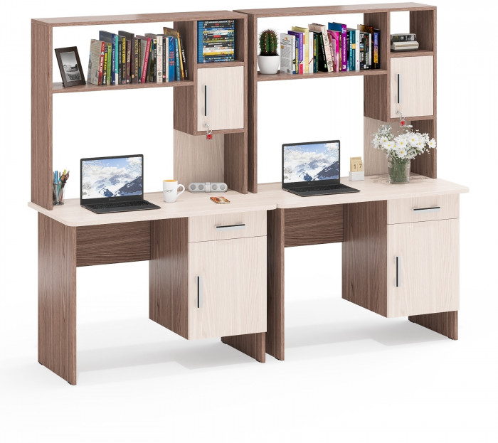 Два стола письменных с надстройкой С-МД-1-09Н, цвет ясень шимо светлый/ясень шимо тёмный, ШхГхВ 210х57х162 см., НЕ универсальная сборка