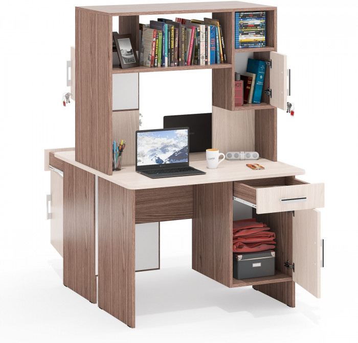 Два стола письменных с надстройкой С-МД-1-09Н, цвет ясень шимо светлый/ясень шимо тёмный, ШхГхВ 210х57х162 см., НЕ универсальная сборка