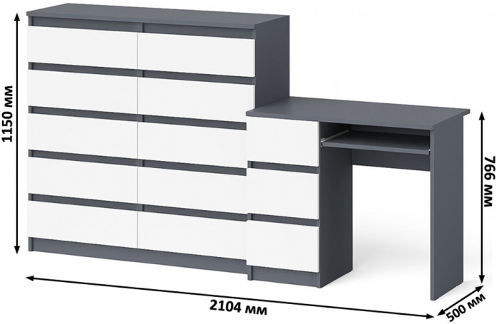 Мори Стол компьютерный МС-6 левый + Комод МК1200.10, цвет графит/белый, ШхГхВ 210,4х50х115 см., выдвижные ящики слева, НЕ универсальная сборка