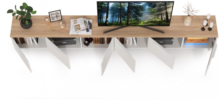 КР100 Тумба под ТВ 13.267.01 + 13.267.01, цвет белый шагрень/дуб сонома, ШхГхВ 276,8х34,9х43,8 см., универсальная сборка