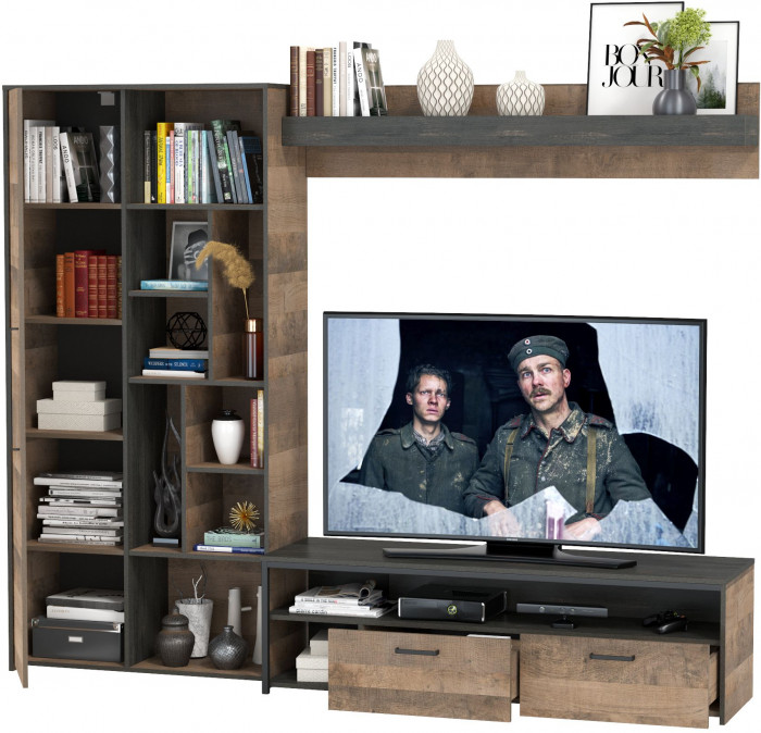 Трувор 13.70 Тумба под ТВ + 13.206 Шкаф-стеллаж + 15.60 Полка, цвет дуб гранж песочный/интра, ШхГхВ 242,8х45,4х194,2 см., универсальная сборка