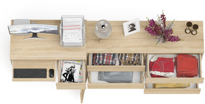 Мори Стол компьютерный МС-1 правый + Комод МК1380.6, цвет дуб сонома, ШхГхВ 228х50х76,6 см., выдвижной ящик справа, НЕ универсальная сборка