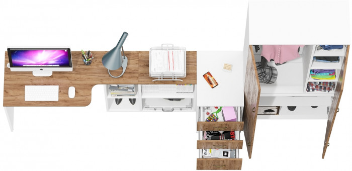 Лидер-8 Стол + Тумба МД 3.16 + Шкаф МД 20Б, цвет белый шагрень/крафт золото, ШхГхВ 285х50/37,5х75/190 или 115х200/50х75/190 см., НЕ ун. сборка