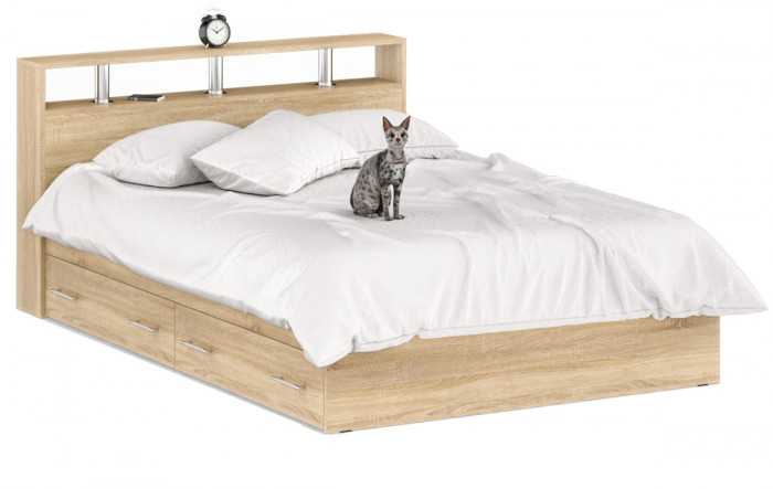 Камелия Кровать с ящиками 1400 + две тумбы, цвет дуб сонома, ШхГхВ 256х217х78,2 см., сп.м. 1400х2000 мм., без матраса, основание есть