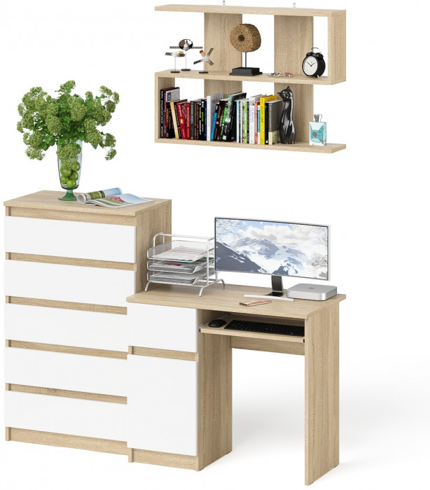Мори Стол компьютерный МС-1 левый + Комод МК700.5 + Полка 900, цвет дуб сонома/белый, ШхГхВ 160,4х50х209,6 см., НЕ универсальная сборка