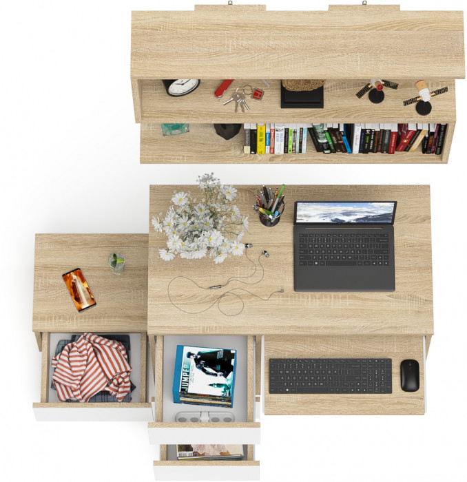 Мори Стол компьютерный МС-6 левый + Тумба ТМП400.1 + Полка 900, цвет дуб сонома/белый, ШхГхВ 130,4х50х209,6 см., НЕ универсальная сборка