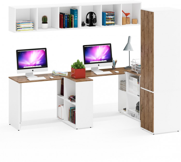 Лидер-8 Стол + Полка + Стол + Полка + Пенал МД 23Б + Тумба МД 3.15, цвет белый шагрень/крафт золото, 410х50х75/190 или 230х160/50х75/190, НЕ ун. сб.