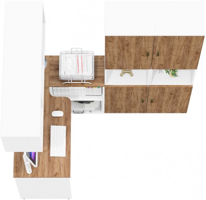 Лидер-8 Стол + Полка + Пенал + Пенал, белый шагрень/крафт золото