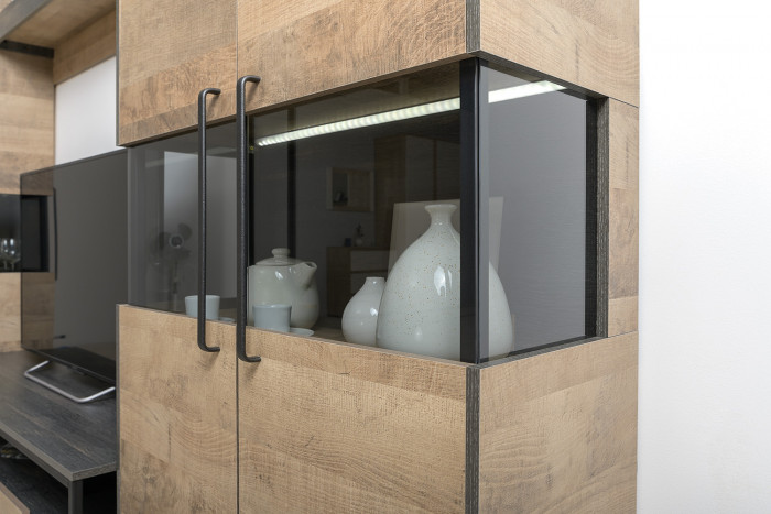 Трувор 13.70 Тумба под ТВ + 13.306 Комод с витриной + 15.60 Полка, цвет дуб гранж песочный/интра, ШхГхВ 235,6х45,4х195 см., универсальная сборка