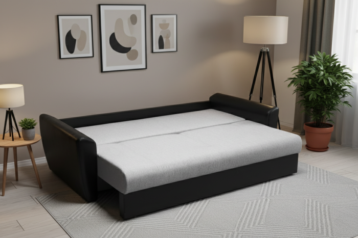 Диван-еврокнижка Амстердам, 160х195, пружинный блок, рогожка/экокожа, серый