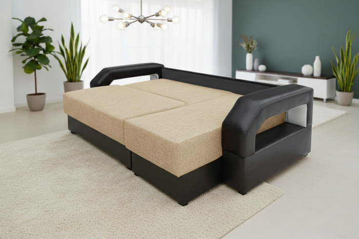 Угловой диван-еврокнижка Манчестер 150х200, с подсветкой, рогожка/экокожа бежевый