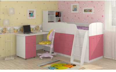 Детская кровать-чердак Дюймовочка-1, Белый / Розовый