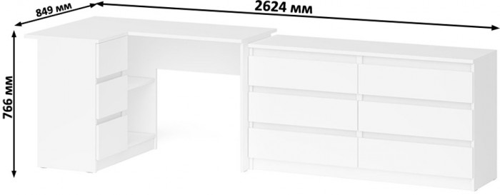 Мори Стол компьютерный МС-16 левый + Комод МК1380.6, цвет белый, ШхГхВ 262,4х84,9х76,6 см., выдвижные ящики слева, НЕ универсальная сборка