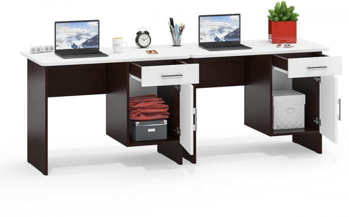 Два стола письменных С-МД-1-09, цвет венге/белый шагрень, ШхГхВ 210х57х75 см., НЕ универсальная сборка