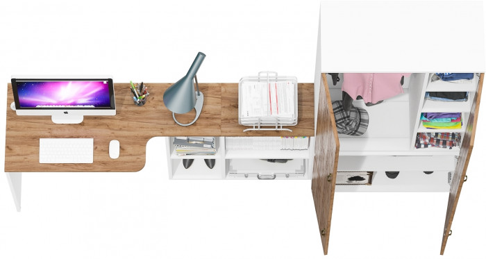 Лидер-8 Стол + Шкаф МД 20Б, цвет белый шагрень/крафт золото, ШхГхВ 245х50/37,5х75/190 или 115х160/50х75/190 см., НЕ универсальная сборка