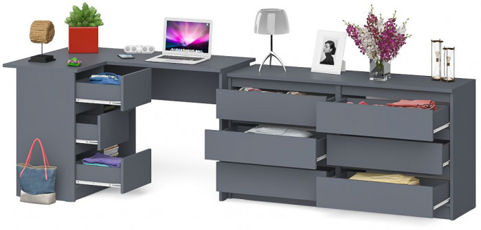 Мори Стол компьютерный МС-16 левый + Комод МК1380.6, цвет графит, ШхГхВ 262,4х84,9х76,6 см., выдвижные ящики слева, НЕ универсальная сборка