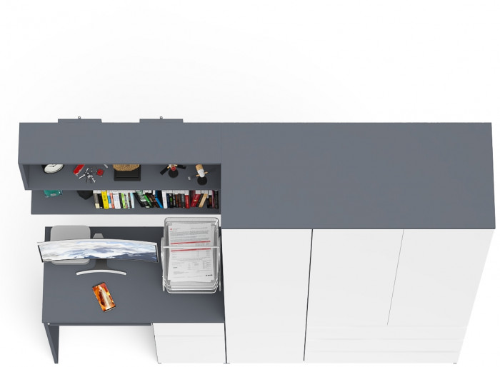 Мори Стол компьютерный МС-1 правый + Шкаф МШ1200.1 + Полка 900, цвет графит/белый, ШхГхВ 210,4х50,4х209,6 см., НЕ универсальная сборка