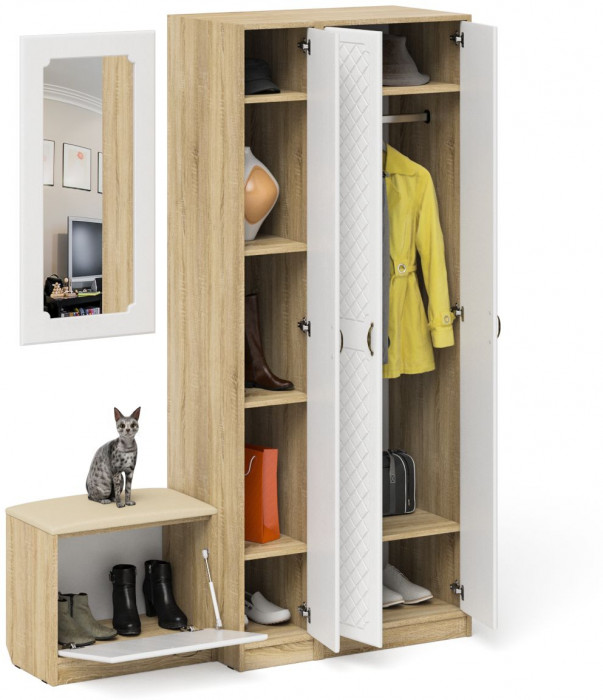 Прихожая П-6 Компоновка № 46, цвет дуб сонома/фасады МДФ белое дерево фрезеровка ромб, ШхГхВ 150х50х210 см., универсальная сборка