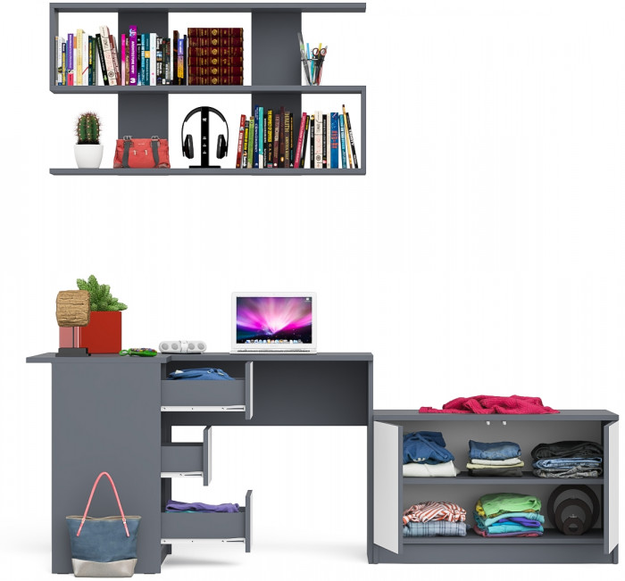 Мори Стол компьютерный МС-16 левый + Тумба МА900.1 + Полка 1200, цвет графит/белый, ШхГхВ 214,8х84,9х209,6 см., НЕ универсальная сборка