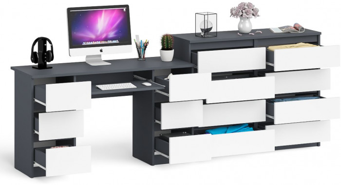 Мори Стол компьютерный МС-2 + Комод МК1200.8, цвет графит/белый, ШхГхВ 255,8х50х94 см., универсальная сборка