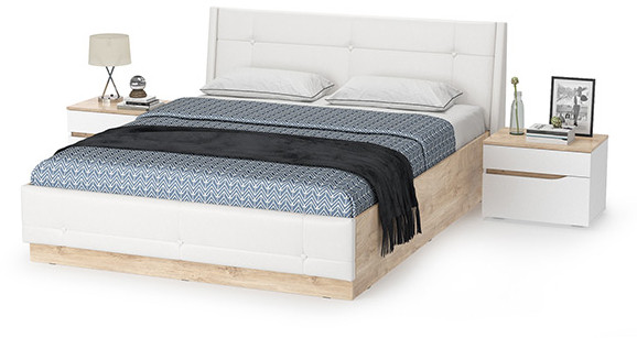 Муссон Кровать 11.28 + подъёмный ортопед + 2 х Тумба 16.03, цвет белый/дуб эндгрейн элегантный/кожзам белый/, сп. м. 1600х2000 мм., б/м