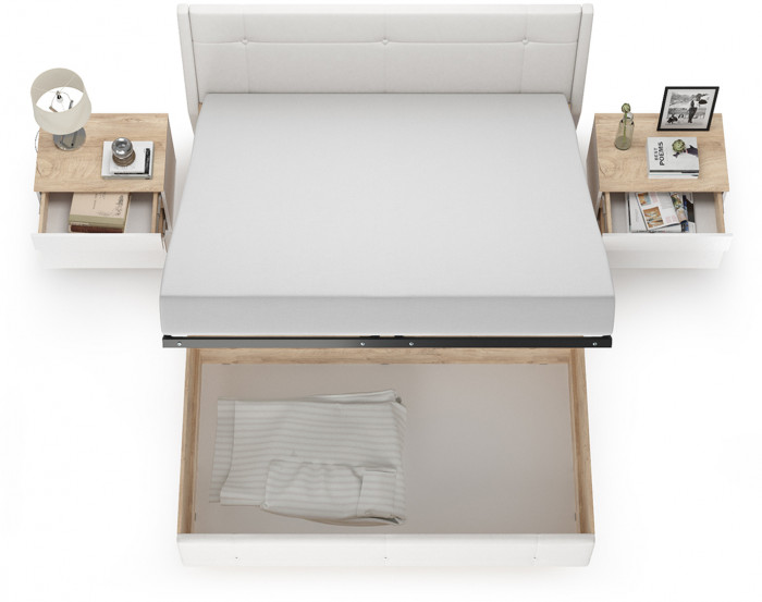 Муссон Кровать 11.28 + подъёмный ортопед + 2 х Тумба 16.03, цвет белый/дуб эндгрейн элегантный/кожзам белый/, сп. м. 1600х2000 мм., б/м